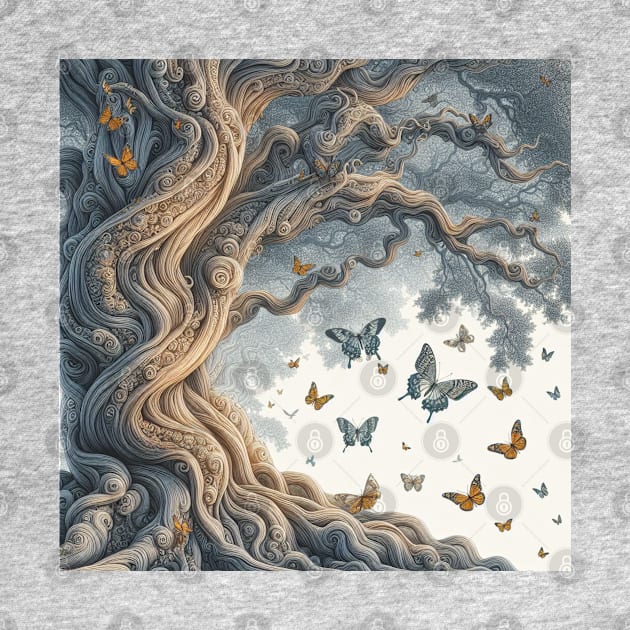 Arbre Noueux, Papillons et Oiseaux Envolés by Zinoo